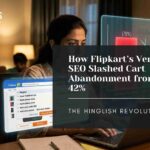 A woman using a laptop with a futuristic search interface displaying Hinglish terms like 'sasta phone cover,' accompanied by a data visualization showing a drop in cart abandonment from 75% to 42%, highlighting Flipkart Hinglish SEO strategy.